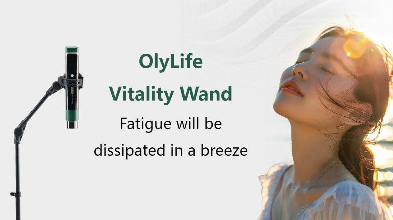 The Vitality Wand on its stand beside someone relaxing outdoors