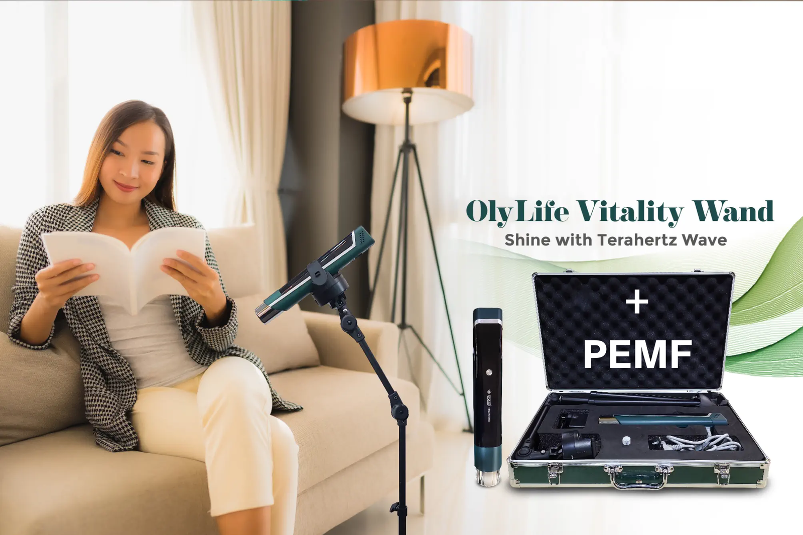 The Vitality Wand mounted on its oscillating stand during a relaxed session at home, with the kit in its case