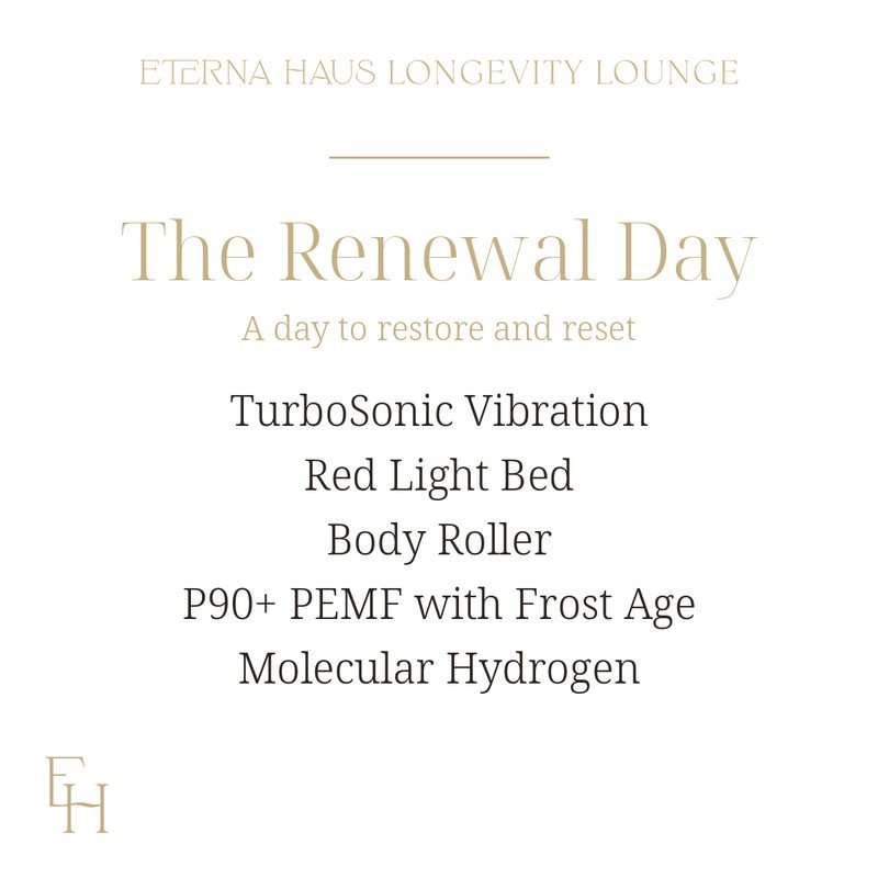 The Renewal Day gift certificate: TurboSonic Vibration, Red Light Bed, Body Roller, P90+ PEMF with Frost Age, Molecular Hydrogen